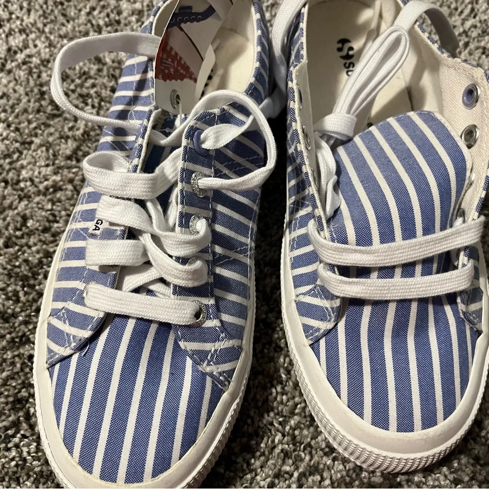Superga Striped Canvas Sneakers in Blue and White - Picture 8 of 9